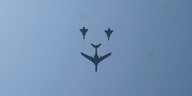 Militaerflugzeuge fliegen in Formation