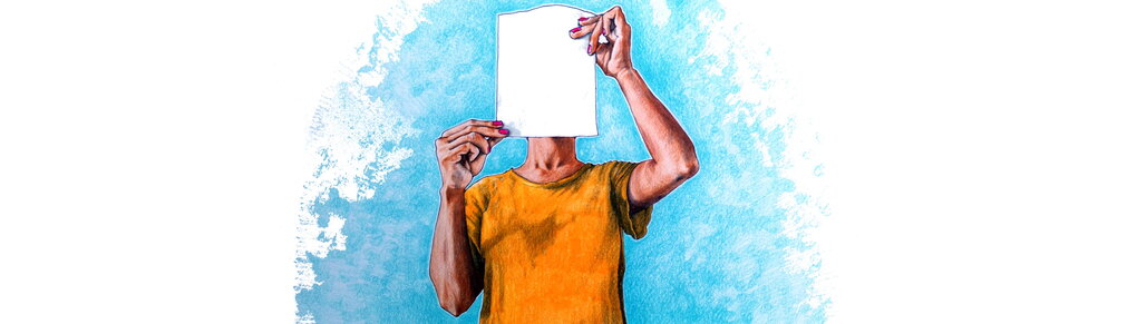 Illustration einer Person, die ein weißes Blatt vor ihr Gesicht hält