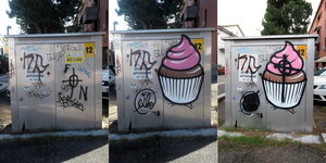 Drei Bilder des gleichen Stromkasten, links sind Nazi-Graffitis, in der Mitte ein drübergesprayter Cupcake, rechts ist der wiederum von Nazi-Graffiti übermalt