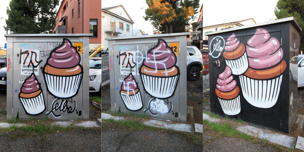 Drei Bilder des gleichen Stromkasten, links sind Cupcake-Graffiti, in der Mitte sind Nazi-Graffiti drübergesprayt, rechts sind dann wieder Cupcakes Drei Bilder des gleichen Stromkasten, links sind Cupcake-Graffiti, in der Mitte sind Nazi-Graffiti drübergesprayt, rechts sind dann wieder Cupcakes