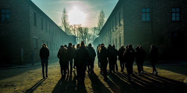 Eine Besuchergruppe besichtigt die Gedenkstätte des ehemaligen Konzentrationslagers Auschwitz-Birkenau