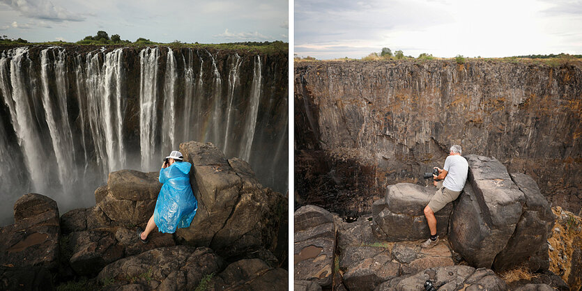 Touristen sitzen vor den Viktoriafällen, Kombination aus zwei Fotos