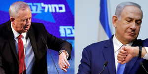 Benny Gantz und Benjamin Netanyahu Männer schauen auf die Uhr