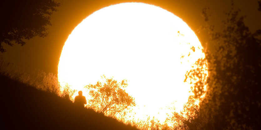 Ein Spaziergänger zeichnet sich vor der untergehenden Sonne ab.