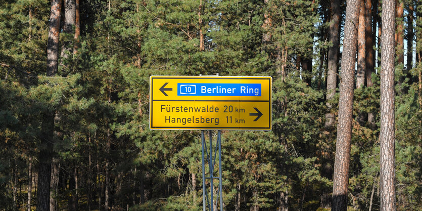 Ein Schild steht im Wald