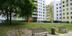 Die mit Grünspan bewachsenen Fassaden einer Wohnsiedlung, Im Vordergrund alte Parkbänke. Die mit Grünspan bewachsenen Fassaden einer Wohnsiedlung, Im Vordergrund alte Parkbänke.