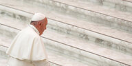 Papst Franziskus ist seitlich zu sehen, wie er Treppenstufen hochsteigt