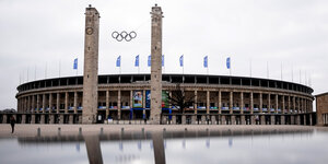 Das Berliner Olympiastadion mit den olympischen Ringen am Osttor spiegelt sich in einem Autodach
