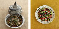 Zwei türkische Gerichte, kunstvoll angerichtet und frontal von oben fotografiert