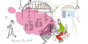 Eine Zeichnung zeigt stilisiert zwei Menschen in einem Café: der eine erzählt etwas, der andere hört zu