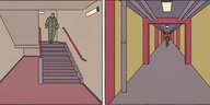 Zwei Panels eines Comics, mit einem Soldaten in einem Treppenhaus und einem langen Korridor.