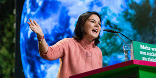 Annalena Baerbock, Bundesvorsitzende von Bündnis 90/Die Grünen, spricht beim Bundesparteitag in Bielefeld 2019 vor der Darstellung einer Weltkugel.