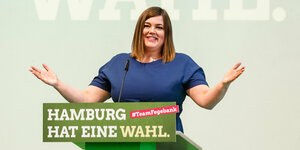Die Bürgermeisterkandidatin zur Bürgerschaftswahl 2020 und Zweite Bürgermeisterin und Wissenschaftssenatorin, Katharina Fegebank (Bündnis 90/Die Grünen), spricht auf der Landesmitgliederversammlung der Grünen.