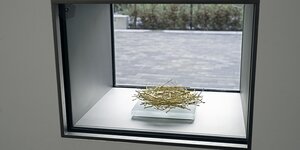Kunst am Bau einer Biesdorfer Schule: ein Nest aus Goldästen liegt in einem Tersor hinter dickem Glas