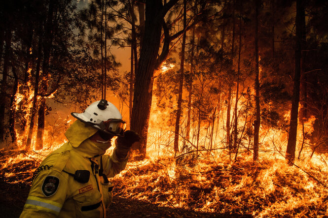 Ein Feuerwehrmann lmit Helm äuft vor einem bennenden Wald in Australien.