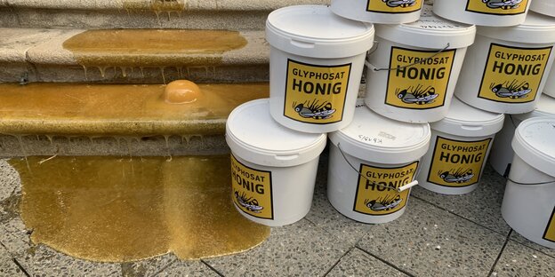 Honig tropt von den Stufen des Agrarministeriums, mehrere weiße Eimer mit vergiftetem Honig stehen daneben