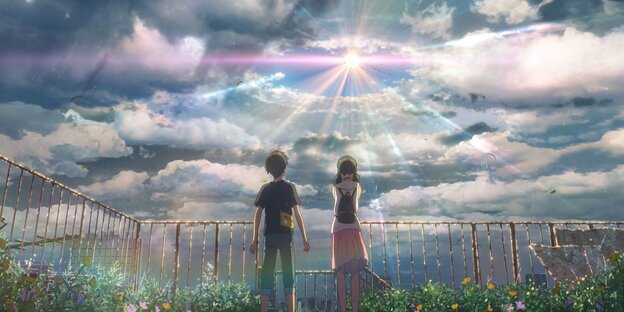 Eine Zeichnung eines Jungen und eines Mädchens, die vor Wolkenhimmel stehen, durch den sie Sonne bricht.