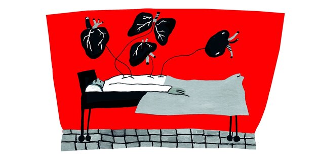Illustration zum Thema Organspende und Hirntod: Ein Mensch liegt in einem Bett, über ihm schweben vier Organe die mit einer Schnur mit dem Körper verbunden sind