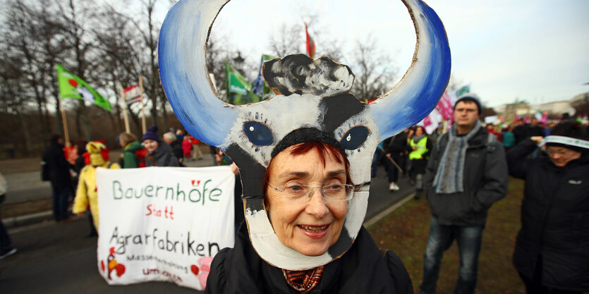 Eine Frau trägt eine Rindmaske, im Hintergrund halten Demonstrierende einen Banner.