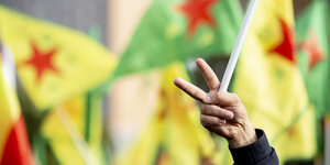 Demonstrant macht vor YPG-Fahnen das Victory-Zeichen