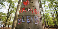 Baum mit Aufschrift und Herz: Hambi bleibt