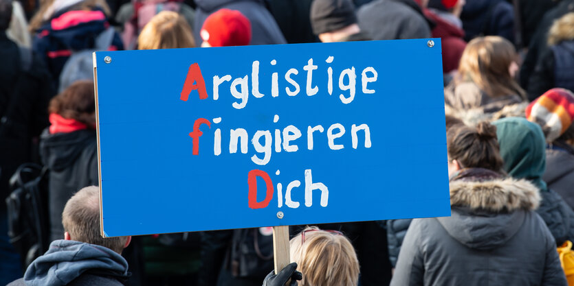 Demonstrierende Menchen halten ein Schild hoch. Darauf steht "Arglistige fingieren Dich“