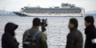 Im Hintergrund ein Kreuzfahrtschiff, im Vordergrund die Rücken einiger Personen, unscharf.