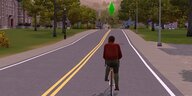 Szene aus „Die Sims“: Computergeneriertes Bild eines jungen Mannes, der auf einem Fahrrad auf einer leeren Straßen fährt