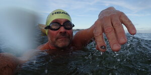 Ein Schwimmer krault im See auf die Kamera zu