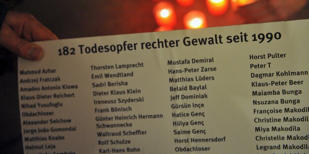 Eine lange Liste mit den Namen von Todesopfern vor Grablichtern zu ihrem Gedenken.