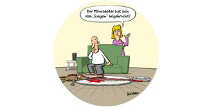 Illustration: ein Mann auf der Couch, eine Frau dahinter, auf dem Boden ein von einem Mähroboter aufgeschlitzter Hund