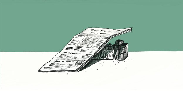 Zeichnung eines Häuserblocks, der von einer riesigen Frankfurter Allgemeinen bedeckt wird.