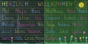 Namen von Schülern auf einer Tafel