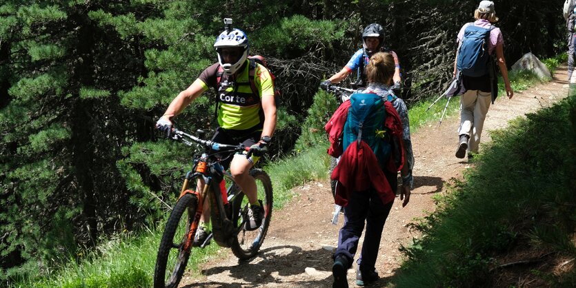 Wanderer und Mountainbidefahrer begegnen sich auf einem schmalen Weg.