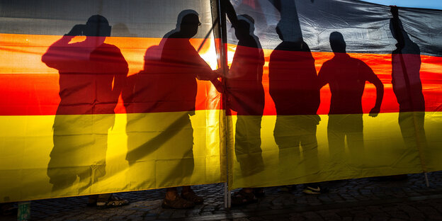 Die Schatten von Pegida-Anhänger werden im Gegenlicht in den Deutschlandfahnen sichtbar
