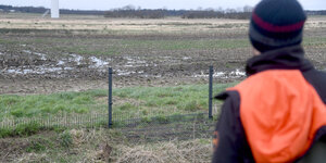 Ein Mann steht an dem teilweise demontierten Wildschweinzaun an der deutsch-dänischen Grenze.