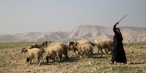 Eine Hirtin mit Schafen auf einer Ebene vor einem Gebirge. Sie hält einen Stock in die Höhe