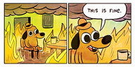Ein Comic-Hund sitzt in einem brennenden Zimmer