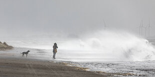 Eine Person mit Hund während einem Sturm an einem Strand.