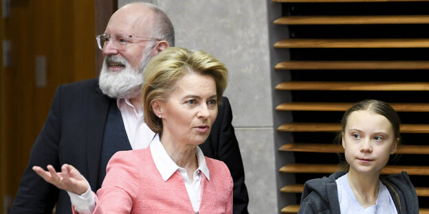 Frans Timmermans Ursula Von der Leyen und Greta Thunberg in Brüssel.