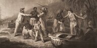 Historische Zeichnung: Weiße Menschen nehmen Schwarze Menschen an einem Strand gefangen