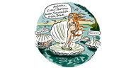 farbige Illustration: eine Venusm, die in einer offenen Muschel steht und ihre Genossinnen in anderen geschlossenen Muscheln zum Aufstehen und Frühstücken auffordert