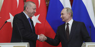Putin und Erdogan schütteln sich vor russischen und türkischen Flaggen die Hände.