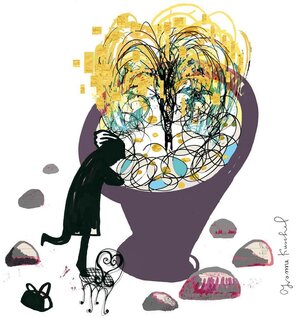 Eine Illustration, die eine Frau zeigt. Die Frau ist auf einen Stuhl geklettert und schaut in einen Brunnen hinein. Eine Illustration, die eine Frau zeigt. Die Frau ist auf einen Stuhl geklettert und schaut in einen Brunnen hinein.