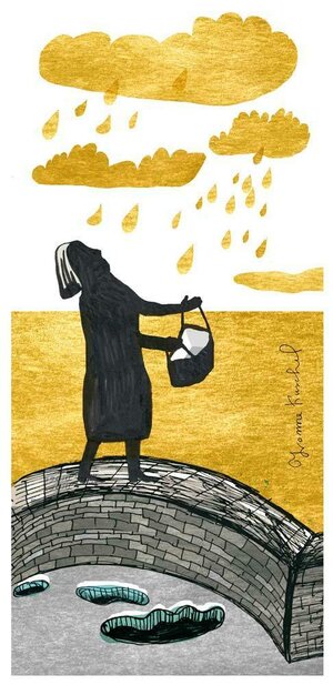 Eine Illustration, die eine Frau zeigt, die Regentropfen mit ihrer Handtasche auffängt. Eine Illustration, die eine Frau zeigt, die Regentropfen mit ihrer Handtasche auffängt.