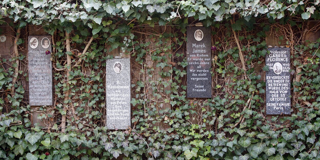 Gedenksteine hängen im Rosengarten der Gedenkstätte Bullenhuser Damm