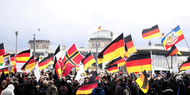 Demonstranten mit Deutschlandfahnen auf einer rechtsextremen Demonstration