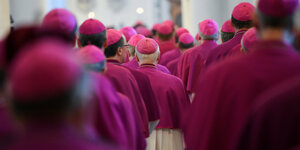 Bischöfe in pinken Gewändern von hinten