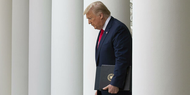 Donald Trump zwischen den Säulen des Weißen Hauses