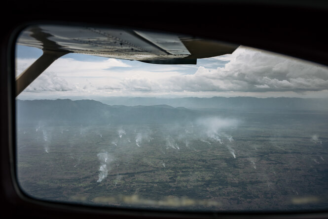 Ein Blick aus einem Flugzeugfenster. Rauch steigt über Bäumen hoch.